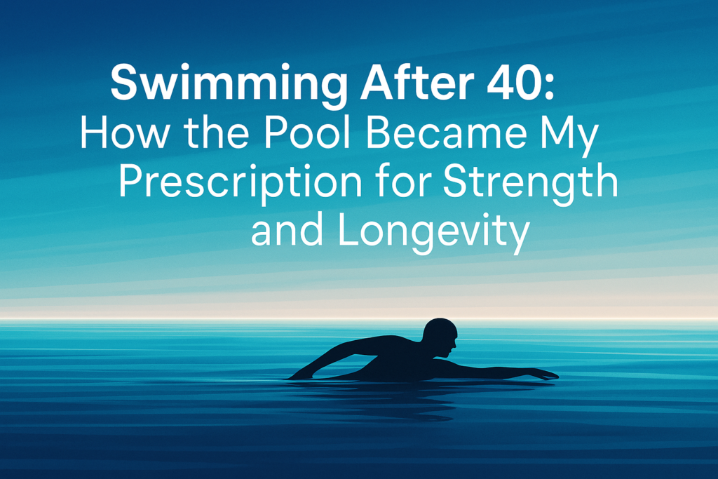 The image shows a man swimming and the benefits form it